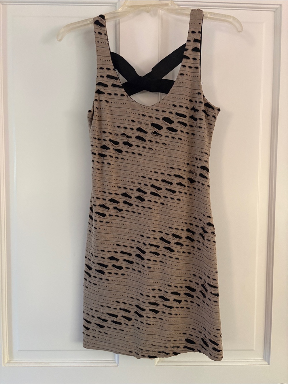 Sleeveless Taupe Mini Dress with Black Crisscross Back